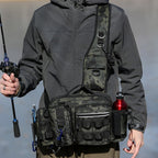 Men's Fishing Backpack with bait box, equipment storage bag, pole holder sling & shoulder bag