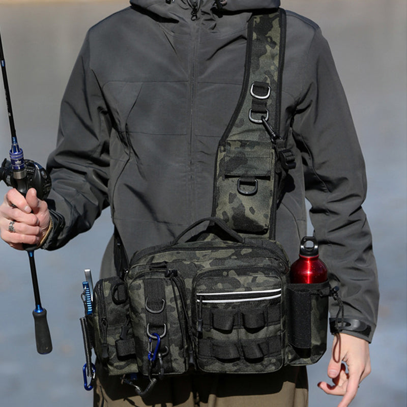 Men's Fishing Backpack with bait box, equipment storage bag, pole holder sling & shoulder bag