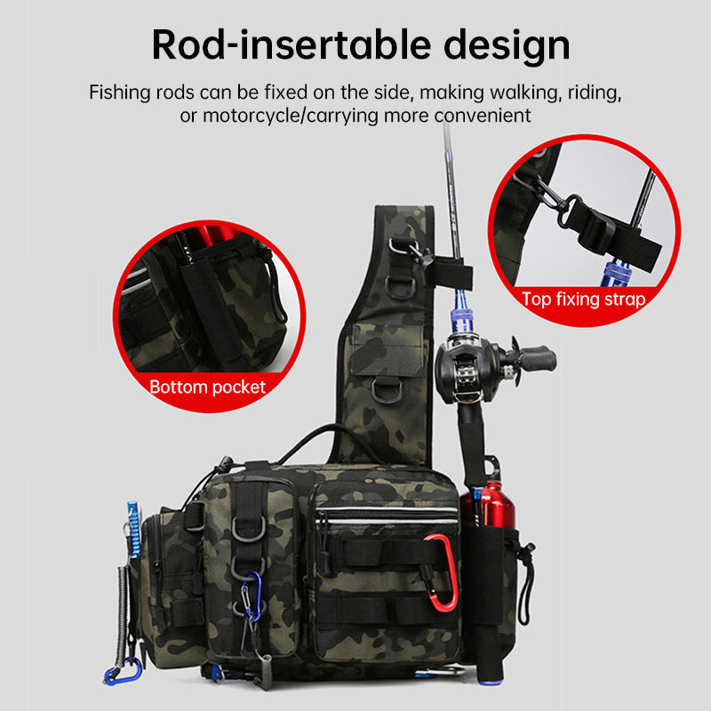 Men's Fishing Backpack with bait box, equipment storage bag, pole holder sling & shoulder bag