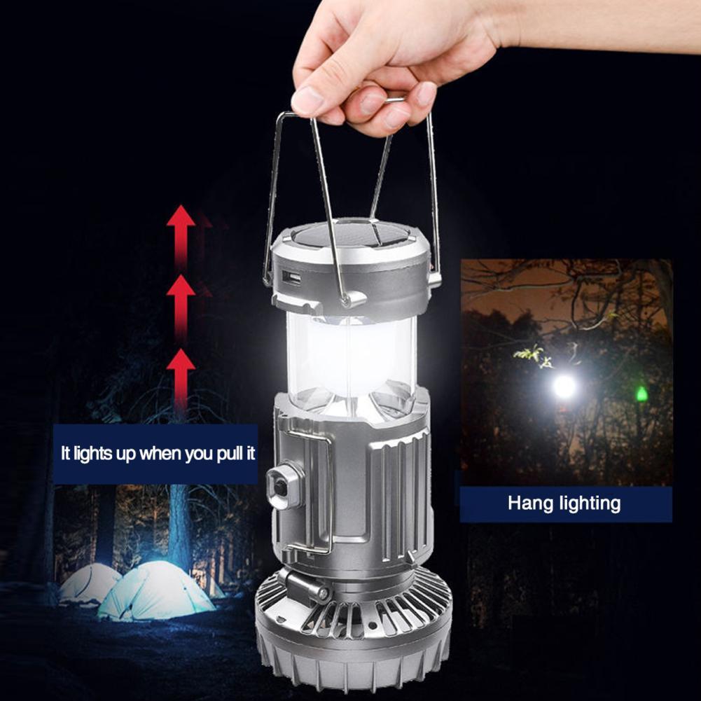 Portable Outdoor LED Camping Lantern With Fan Solar Charge Rechargeable Light Hanging