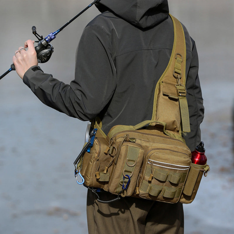 Men's Fishing Backpack with bait box, equipment storage bag, pole holder sling & shoulder bag