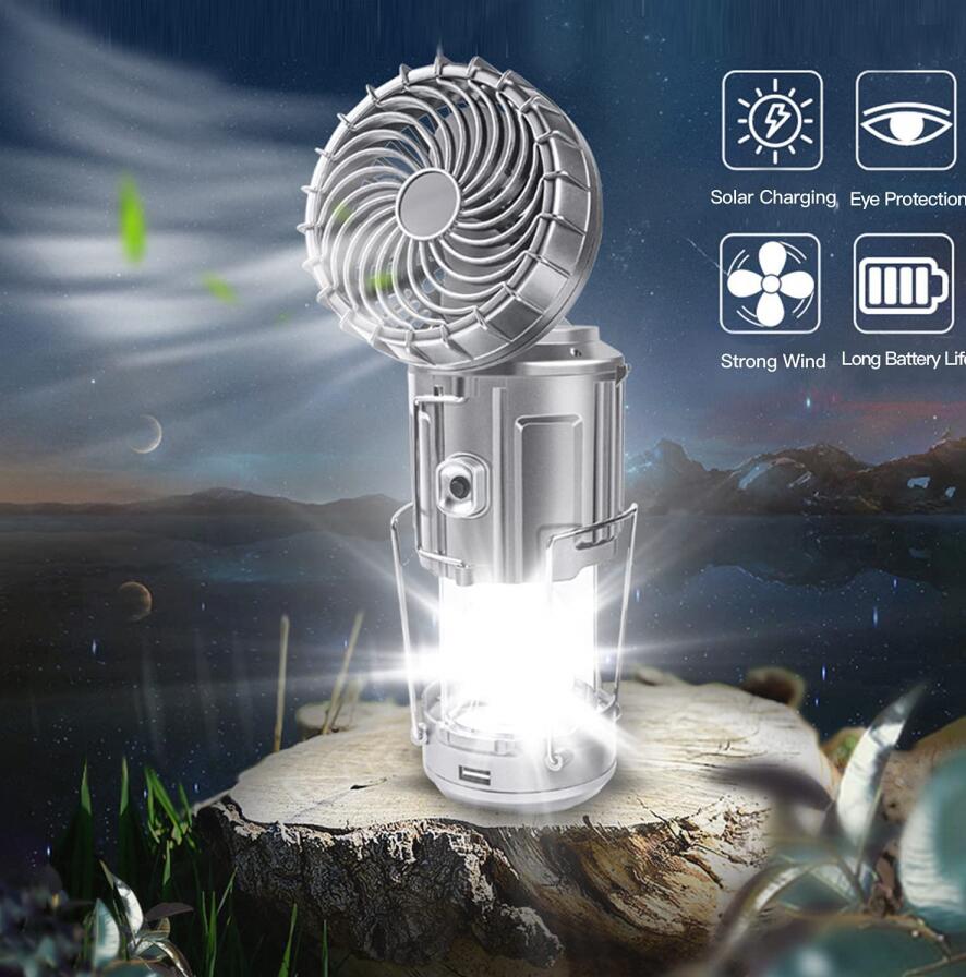 Portable Outdoor LED Camping Lantern With Fan Solar Charge Rechargeable Light Hanging