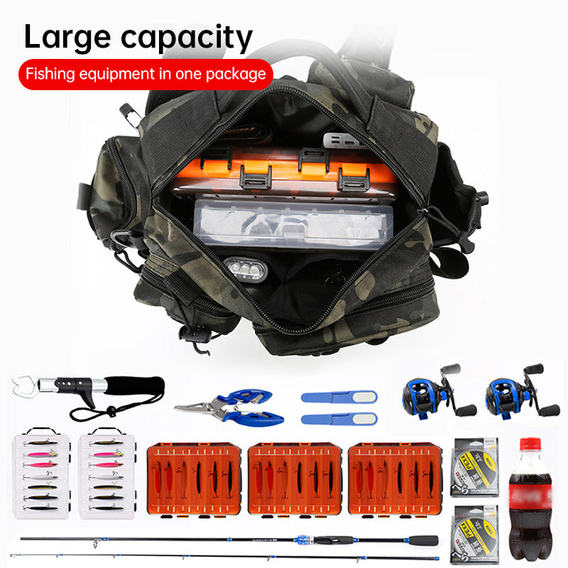 Men's Fishing Backpack with bait box, equipment storage bag, pole holder sling & shoulder bag