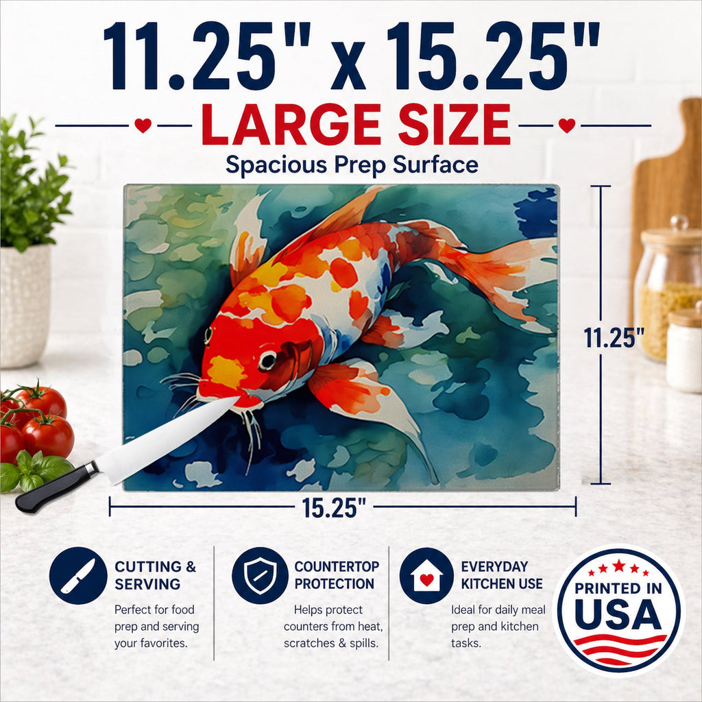Koi Fish Cutting Board Tempered Glass Kitchen Surface, Heat Resistant Chopping Slip proof