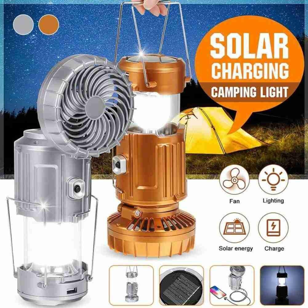 Portable Outdoor LED Camping Lantern With Fan Solar Charge Rechargeable Light Hanging